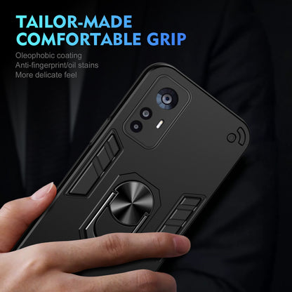 Xiaomi 12T Shockproof Metal Ring Holder Phone Case with 360 degrees Rotating Kickstand, Ultra Slim Protective Cover, Raised Camera Guard, PC Silicone Armour Shell, Anti-Scratch Back & Edge Protection