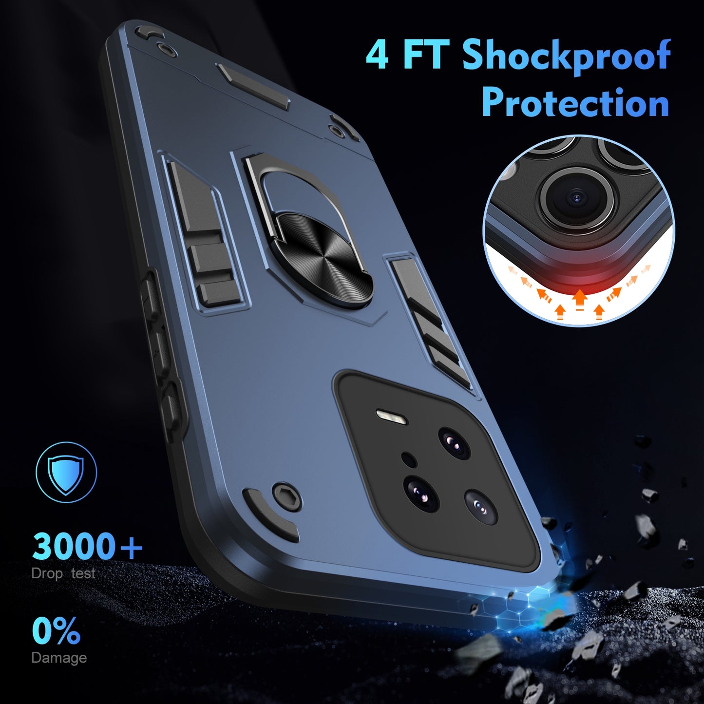 Xiaomi 13 Shockproof Metal Ring Holder Phone Case with 360 degrees Rotating Kickstand, Ultra Slim Protective Cover, Raised Camera Guard, PC Silicone Armour Shell, Anti-Scratch Back & Edge Protection