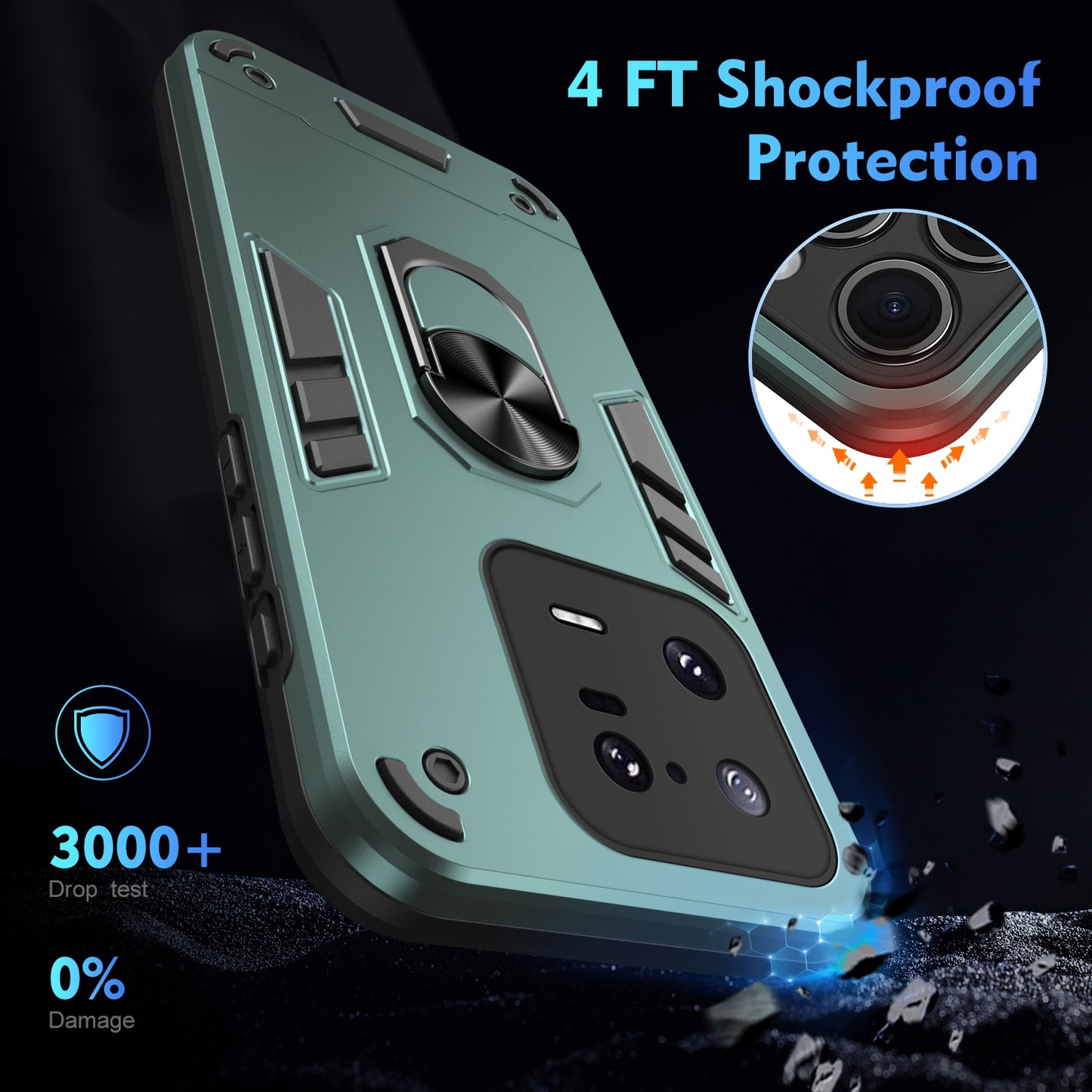 Xiaomi 13 Pro Shockproof Metal Ring Holder Phone Case with 360 degrees Rotating Kickstand, Ultra Slim Protective Cover, Raised Camera Guard, PC Silicone Armour Shell, Anti-Scratch Back & Edge Protection