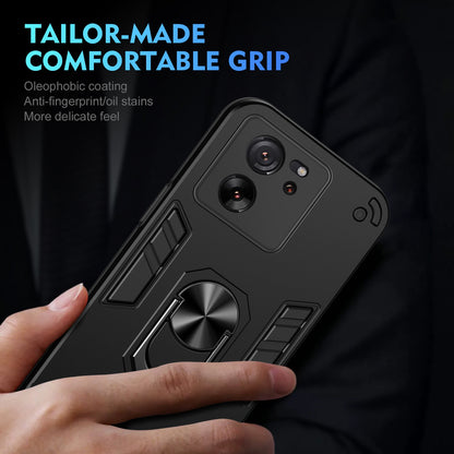 Xiaomi 13T Shockproof Metal Ring Holder Phone Case with 360 degrees Rotating Kickstand, Ultra Slim Protective Cover, Raised Camera Guard, PC Silicone Armour Shell, Anti-Scratch Back & Edge Protection