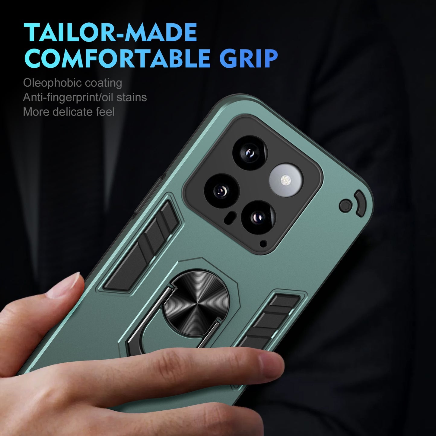 Xiaomi 14 Shockproof Metal Ring Holder Phone Case with 360 degrees Rotating Kickstand, Ultra Slim Protective Cover, Raised Camera Guard, PC Silicone Armour Shell, Anti-Scratch Back & Edge Protection