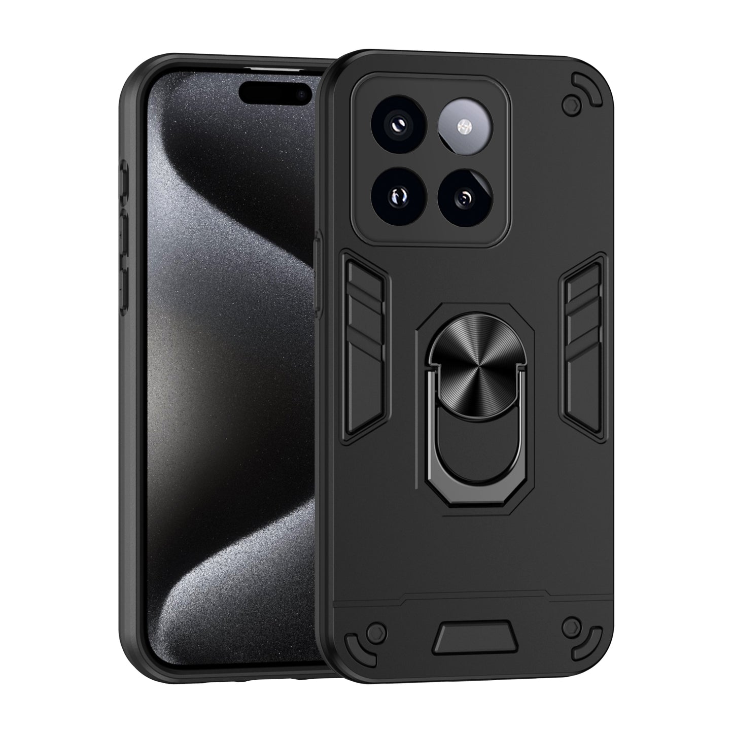 Xiaomi 14 Pro Shockproof Metal Ring Holder Phone Case with 360 degrees Rotating Kickstand, Ultra Slim Protective Cover, Raised Camera Guard, PC Silicone Armour Shell, Anti-Scratch Back & Edge Protection