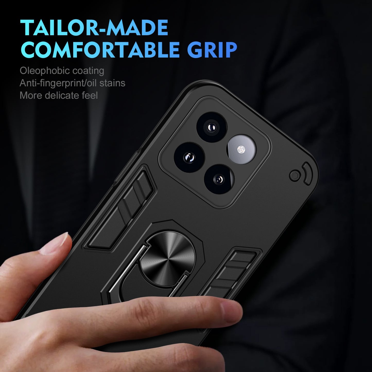 Xiaomi 14 Pro Shockproof Metal Ring Holder Phone Case with 360 degrees Rotating Kickstand, Ultra Slim Protective Cover, Raised Camera Guard, PC Silicone Armour Shell, Anti-Scratch Back & Edge Protection
