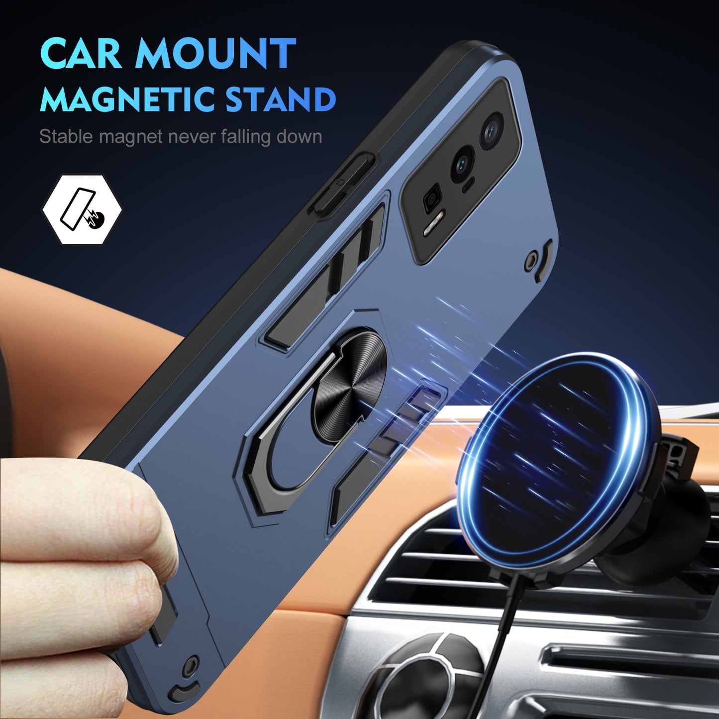 Xiaomi Poco F5 Pro 5G Shockproof Metal Ring Holder Phone Case with 360 degrees Rotating Kickstand, Ultra Slim Protective Cover, Raised Camera Guard, PC Silicone Armour Shell, Anti-Scratch Back & Edge Protection
