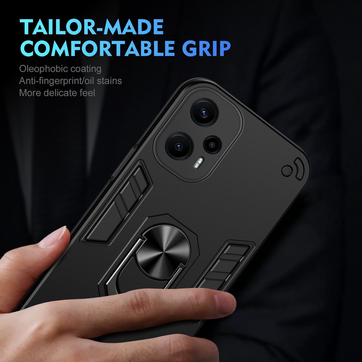 Xiaomi Poco F5 5G Shockproof Metal Ring Holder Phone Case with 360 degrees Rotating Kickstand, Ultra Slim Protective Cover, Raised Camera Guard, PC Silicone Armour Shell, Anti-Scratch Back & Edge Protection