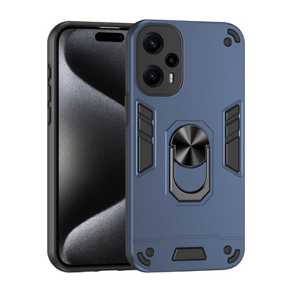 Xiaomi Poco F5 5G Shockproof Metal Ring Holder Phone Case with 360 degrees Rotating Kickstand, Ultra Slim Protective Cover, Raised Camera Guard, PC Silicone Armour Shell, Anti-Scratch Back & Edge Protection