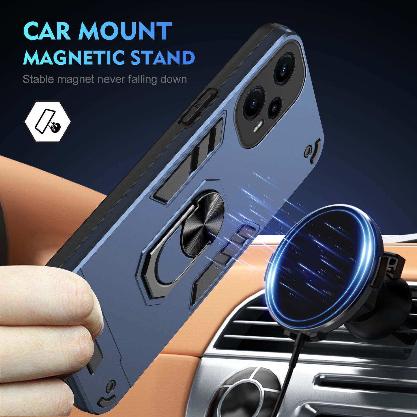 Xiaomi Poco F5 5G Shockproof Metal Ring Holder Phone Case with 360 degrees Rotating Kickstand, Ultra Slim Protective Cover, Raised Camera Guard, PC Silicone Armour Shell, Anti-Scratch Back & Edge Protection