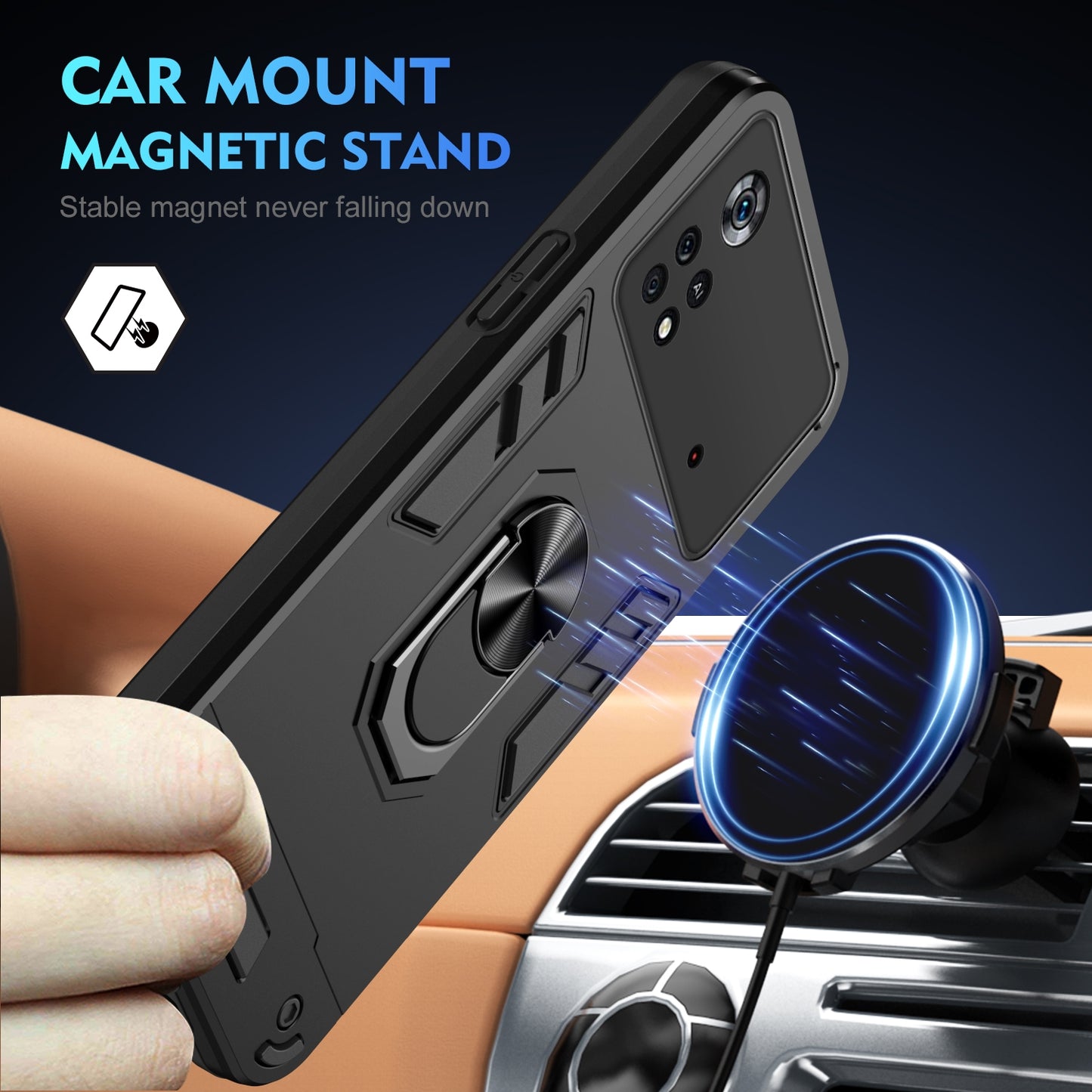 Xiaomi Poco X4 Pro 5G Shockproof Metal Ring Holder Phone Case with 360 degrees Rotating Kickstand, Ultra Slim Protective Cover, Raised Camera Guard, PC Silicone Armour Shell, Anti-Scratch Back & Edge Protection