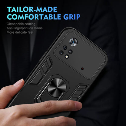 Xiaomi Poco X4 Pro 5G Shockproof Metal Ring Holder Phone Case with 360 degrees Rotating Kickstand, Ultra Slim Protective Cover, Raised Camera Guard, PC Silicone Armour Shell, Anti-Scratch Back & Edge Protection