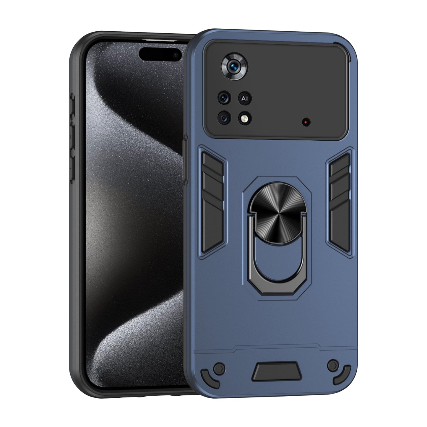Xiaomi Poco X4 Pro 5G Shockproof Metal Ring Holder Phone Case with 360 degrees Rotating Kickstand, Ultra Slim Protective Cover, Raised Camera Guard, PC Silicone Armour Shell, Anti-Scratch Back & Edge Protection