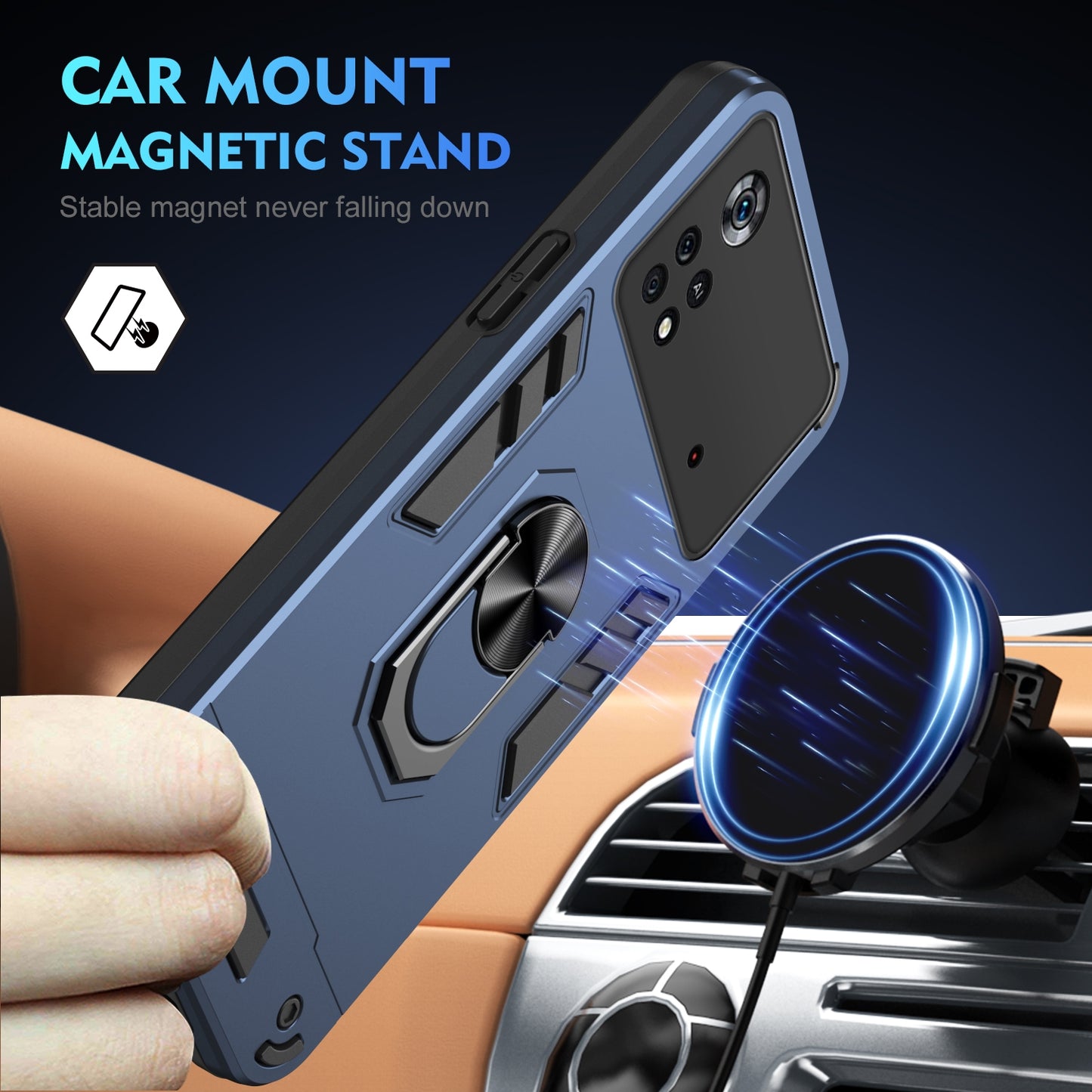 Xiaomi Poco X4 Pro 5G Shockproof Metal Ring Holder Phone Case with 360 degrees Rotating Kickstand, Ultra Slim Protective Cover, Raised Camera Guard, PC Silicone Armour Shell, Anti-Scratch Back & Edge Protection