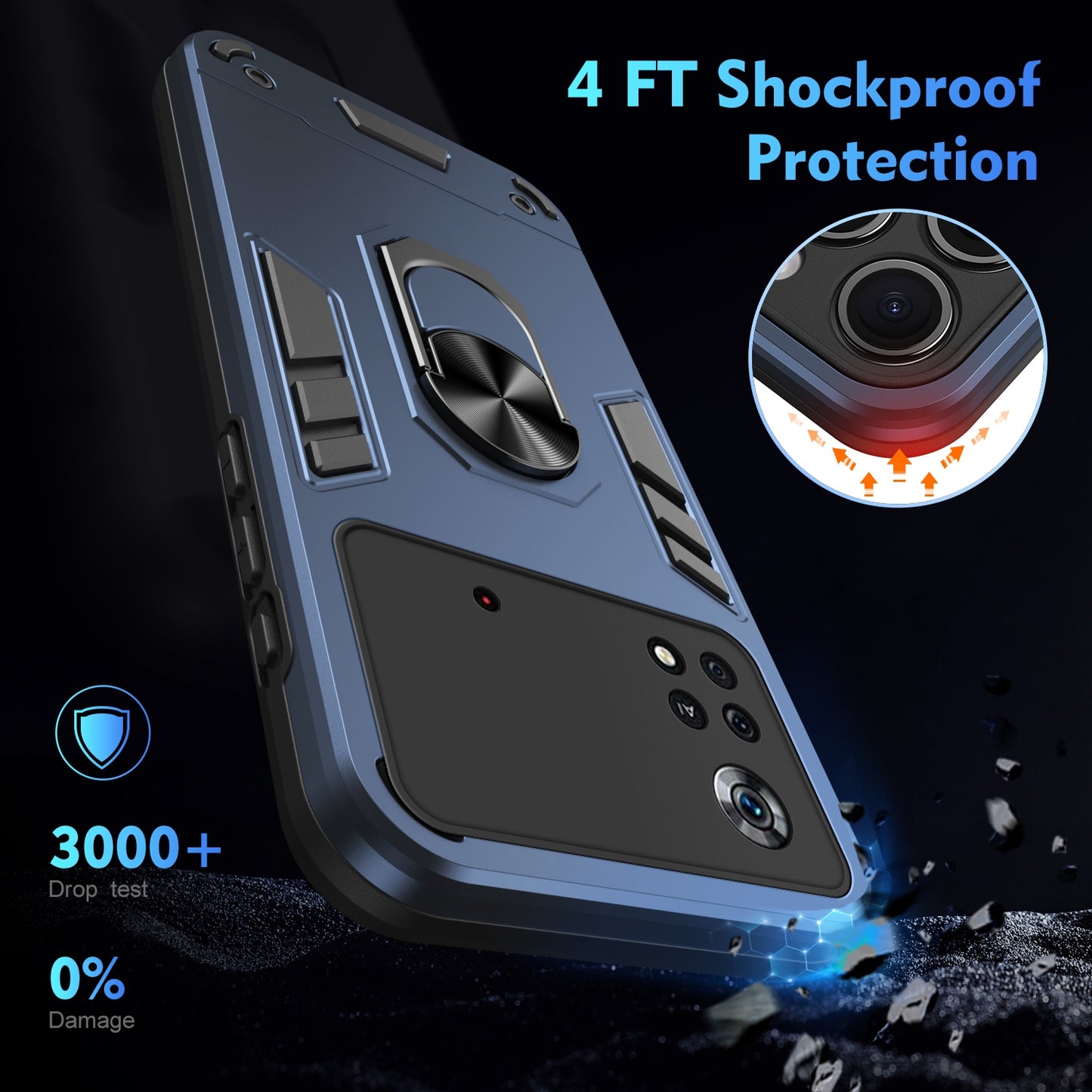 Xiaomi Poco X4 Pro 5G Shockproof Metal Ring Holder Phone Case with 360 degrees Rotating Kickstand, Ultra Slim Protective Cover, Raised Camera Guard, PC Silicone Armour Shell, Anti-Scratch Back & Edge Protection