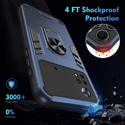Xiaomi Poco X4 Pro 5G Shockproof Metal Ring Holder Phone Case with 360 degrees Rotating Kickstand, Ultra Slim Protective Cover, Raised Camera Guard, PC Silicone Armour Shell, Anti-Scratch Back & Edge Protection