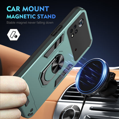 Xiaomi Poco X4 Pro 5G Shockproof Metal Ring Holder Phone Case with 360 degrees Rotating Kickstand, Ultra Slim Protective Cover, Raised Camera Guard, PC Silicone Armour Shell, Anti-Scratch Back & Edge Protection