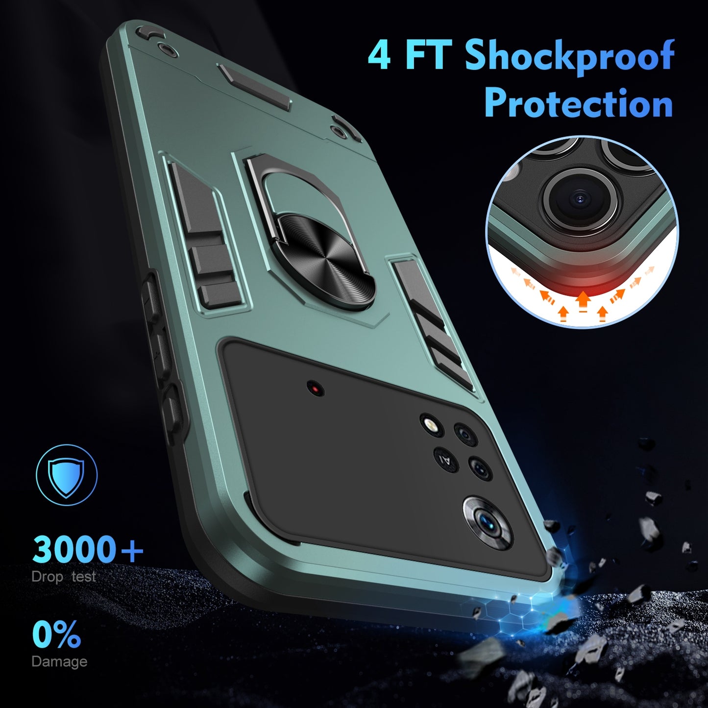 Xiaomi Poco X4 Pro 5G Shockproof Metal Ring Holder Phone Case with 360 degrees Rotating Kickstand, Ultra Slim Protective Cover, Raised Camera Guard, PC Silicone Armour Shell, Anti-Scratch Back & Edge Protection