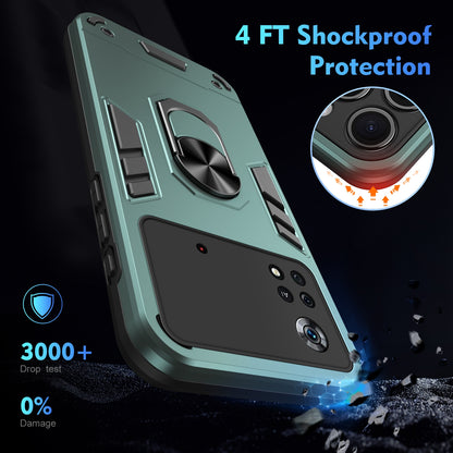 Xiaomi Poco X4 Pro 5G Shockproof Metal Ring Holder Phone Case with 360 degrees Rotating Kickstand, Ultra Slim Protective Cover, Raised Camera Guard, PC Silicone Armour Shell, Anti-Scratch Back & Edge Protection
