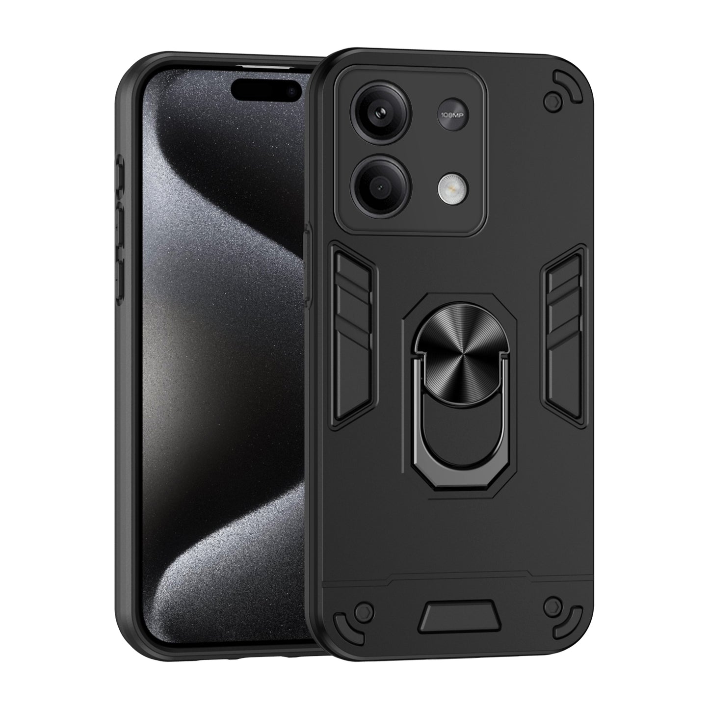 Xiaomi Redmi Note 13 Shockproof Metal Ring Holder Phone Case with 360 degrees Rotating Kickstand, Ultra Slim Protective Cover, Raised Camera Guard, PC Silicone Armour Shell, Anti-Scratch Back & Edge Protection