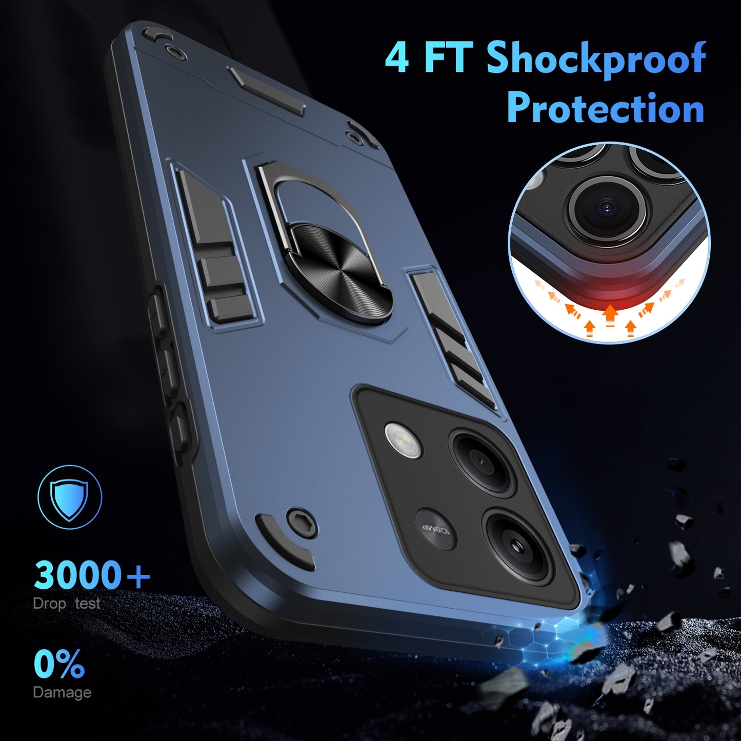 Xiaomi Redmi Note 13 Shockproof Metal Ring Holder Phone Case with 360 degrees Rotating Kickstand, Ultra Slim Protective Cover, Raised Camera Guard, PC Silicone Armour Shell, Anti-Scratch Back & Edge Protection