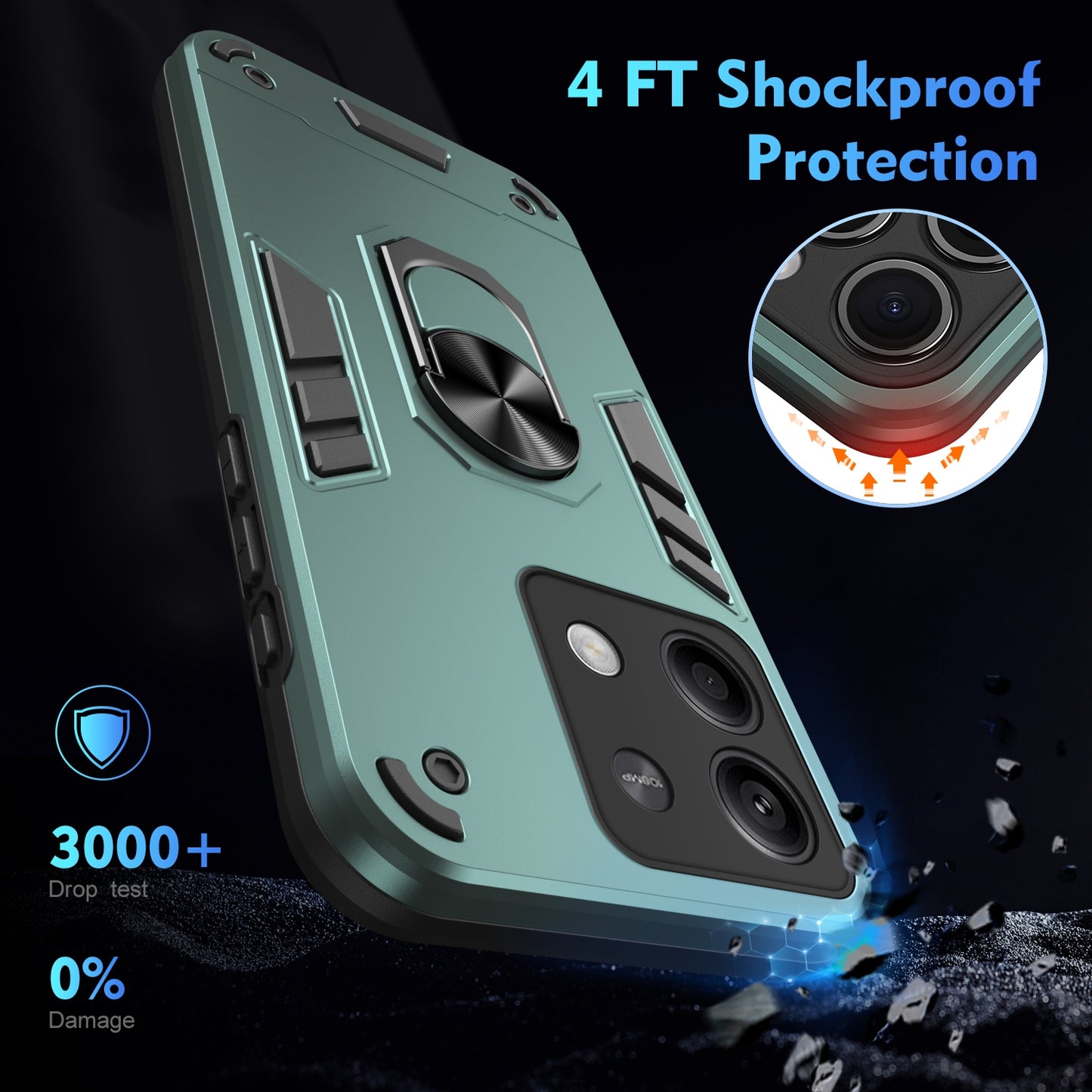 Xiaomi Redmi Note 13 Shockproof Metal Ring Holder Phone Case with 360 degrees Rotating Kickstand, Ultra Slim Protective Cover, Raised Camera Guard, PC Silicone Armour Shell, Anti-Scratch Back & Edge Protection