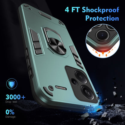 Xiaomi Redmi Note 13 Pro+ Shockproof Metal Ring Holder Phone Case with 360 degrees Rotating Kickstand, Ultra Slim Protective Cover, Raised Camera Guard, PC Silicone Armour Shell, Anti-Scratch Back & Edge Protection