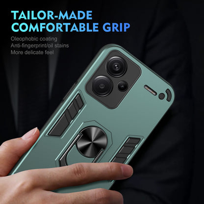 Xiaomi Redmi Note 13 Pro+ Shockproof Metal Ring Holder Phone Case with 360 degrees Rotating Kickstand, Ultra Slim Protective Cover, Raised Camera Guard, PC Silicone Armour Shell, Anti-Scratch Back & Edge Protection
