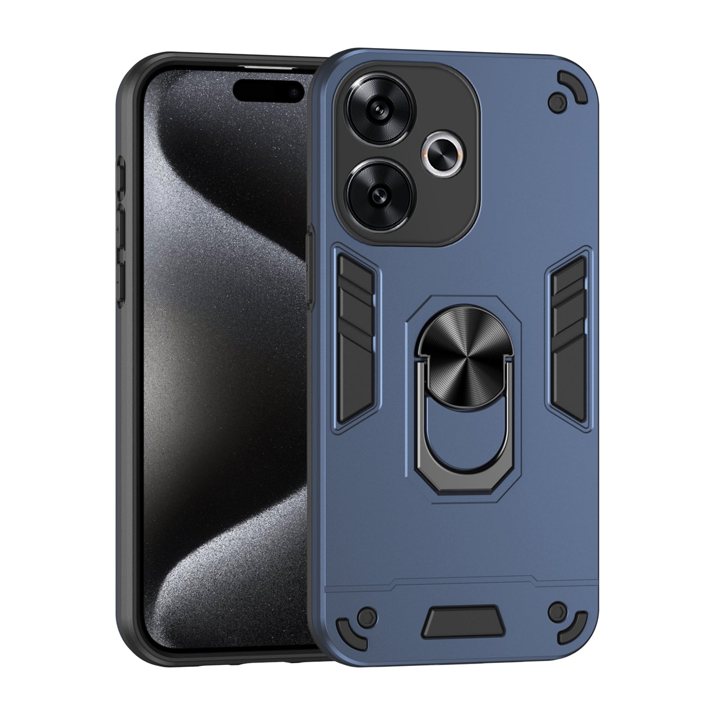 Xiaomi Redmi Turbo 3 Shockproof Metal Ring Holder Phone Case with 360 degrees Rotating Kickstand, Ultra Slim Protective Cover, Raised Camera Guard, PC Silicone Armour Shell, Anti-Scratch Back & Edge Protection