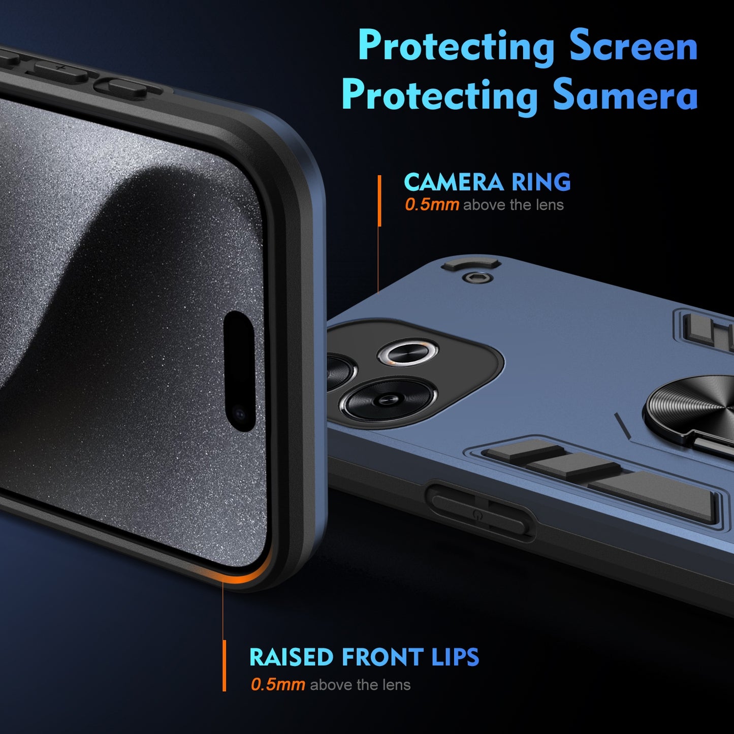 Xiaomi Redmi Turbo 3 Shockproof Metal Ring Holder Phone Case with 360 degrees Rotating Kickstand, Ultra Slim Protective Cover, Raised Camera Guard, PC Silicone Armour Shell, Anti-Scratch Back & Edge Protection