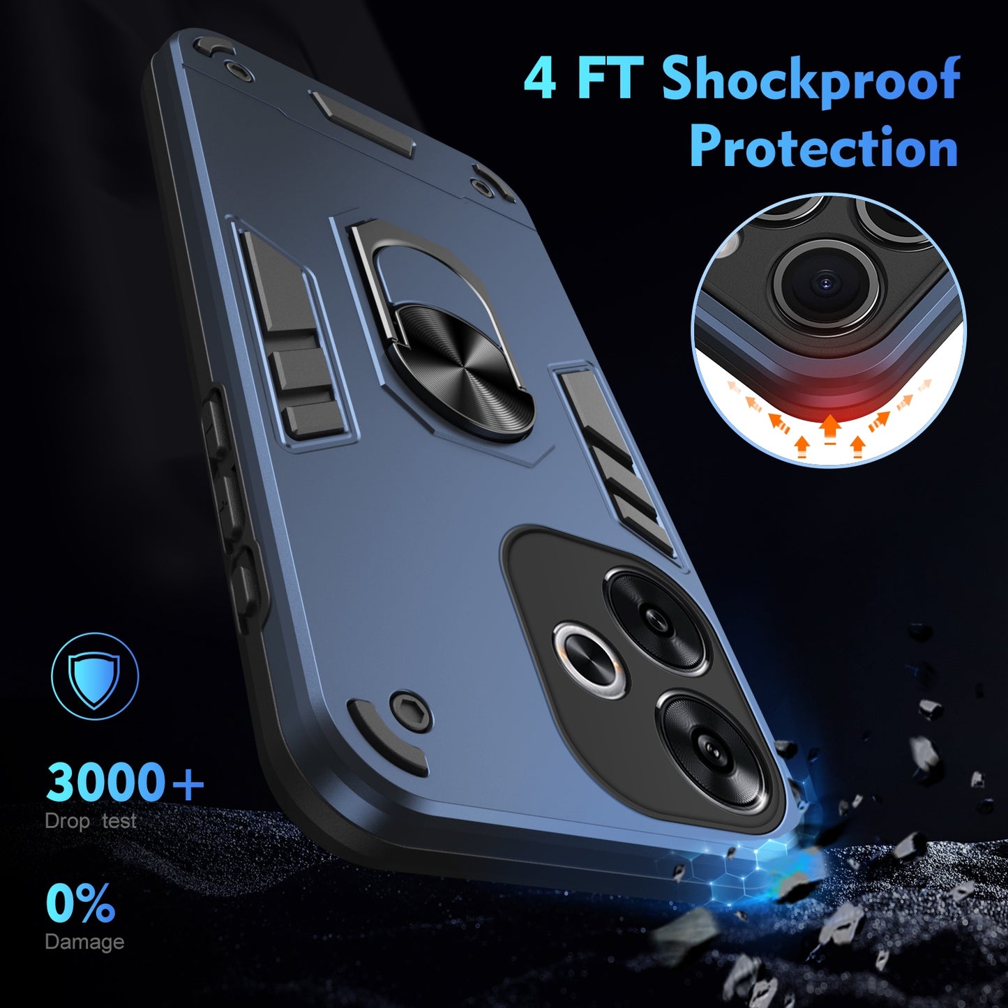 Xiaomi Redmi Turbo 3 Shockproof Metal Ring Holder Phone Case with 360 degrees Rotating Kickstand, Ultra Slim Protective Cover, Raised Camera Guard, PC Silicone Armour Shell, Anti-Scratch Back & Edge Protection