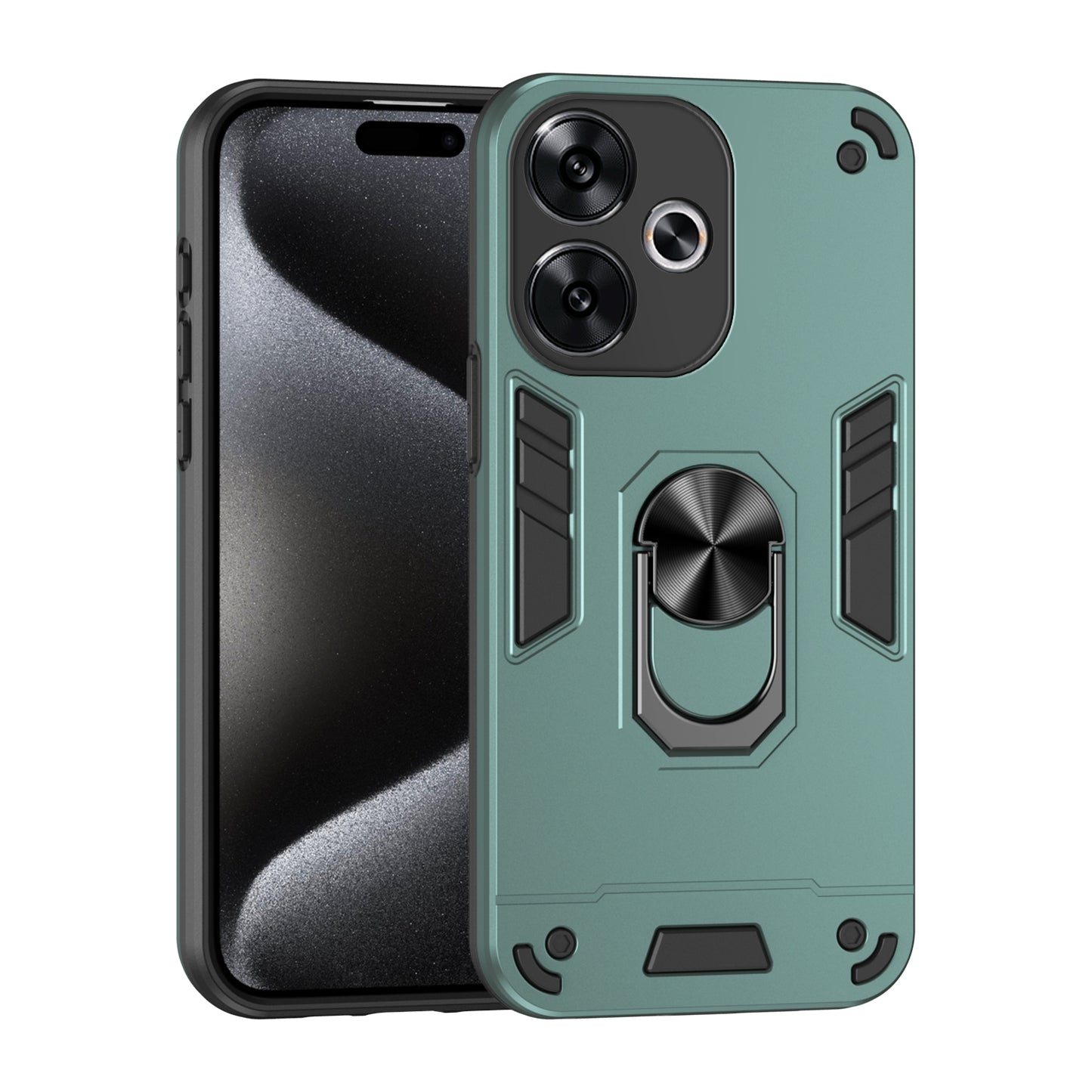 Xiaomi Redmi Turbo 3 Shockproof Metal Ring Holder Phone Case with 360 degrees Rotating Kickstand, Ultra Slim Protective Cover, Raised Camera Guard, PC Silicone Armour Shell, Anti-Scratch Back & Edge Protection