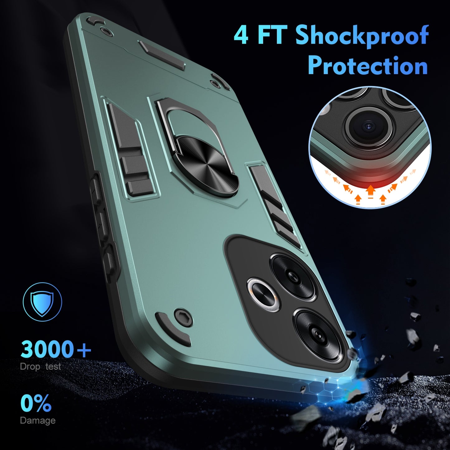 Xiaomi Redmi Turbo 3 Shockproof Metal Ring Holder Phone Case with 360 degrees Rotating Kickstand, Ultra Slim Protective Cover, Raised Camera Guard, PC Silicone Armour Shell, Anti-Scratch Back & Edge Protection
