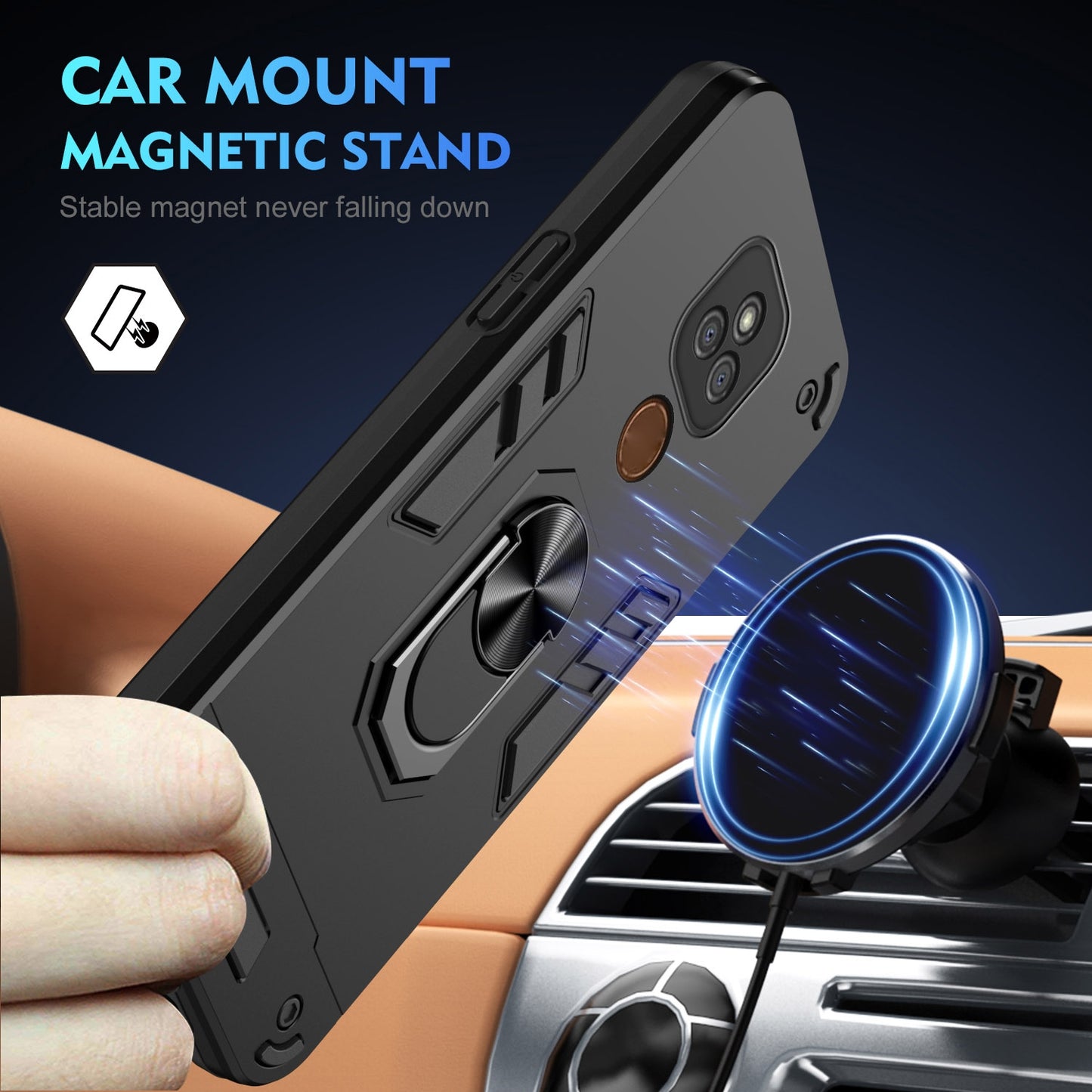 Motorola Moto E7 Plus Shockproof Metal Ring Holder Phone Case with 360 degrees Rotating Kickstand, Ultra Slim Protective Cover, Raised Camera Guard, PC Silicone Armour Shell, Anti-Scratch Back & Edge Protection
