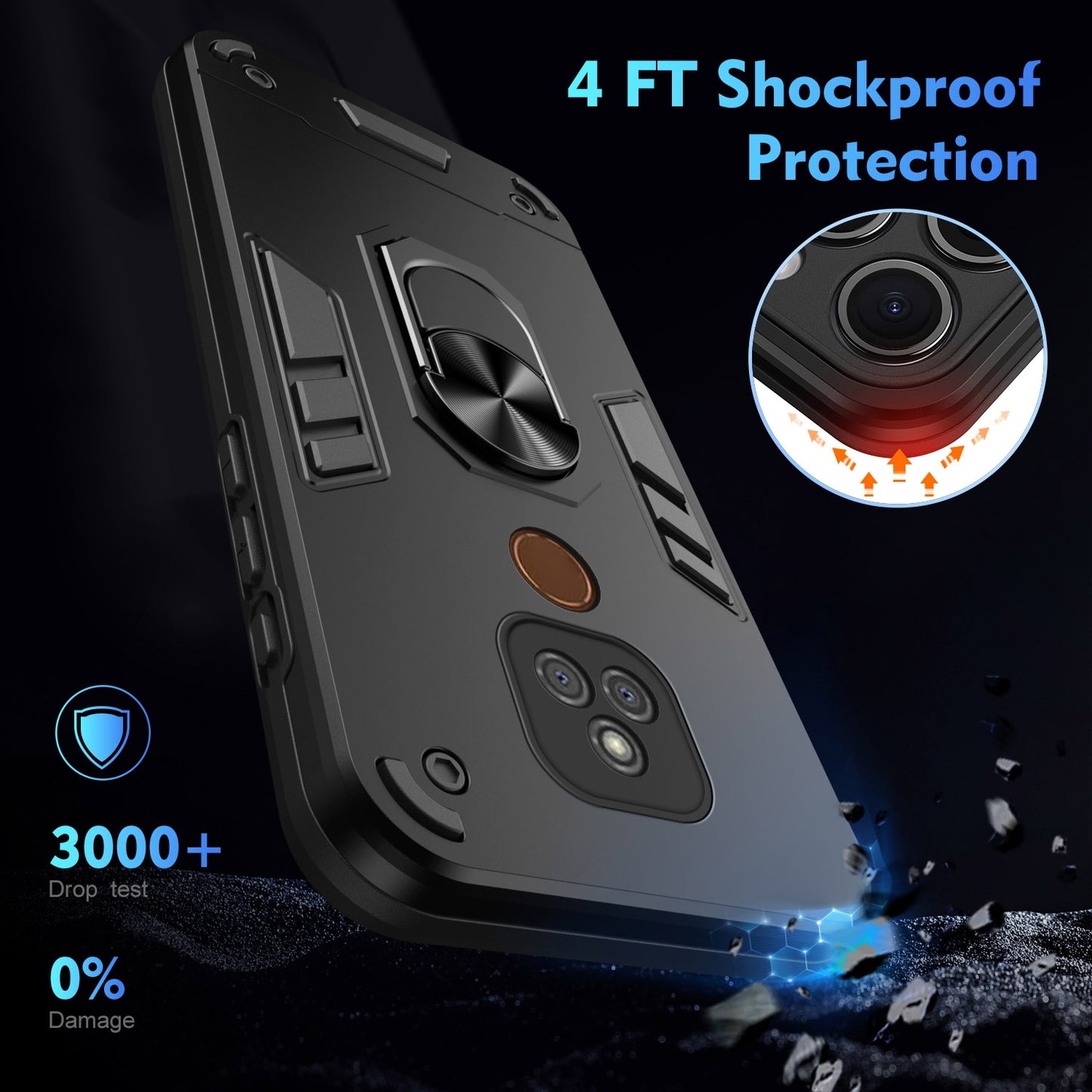 Motorola Moto E7 Plus Shockproof Metal Ring Holder Phone Case with 360 degrees Rotating Kickstand, Ultra Slim Protective Cover, Raised Camera Guard, PC Silicone Armour Shell, Anti-Scratch Back & Edge Protection