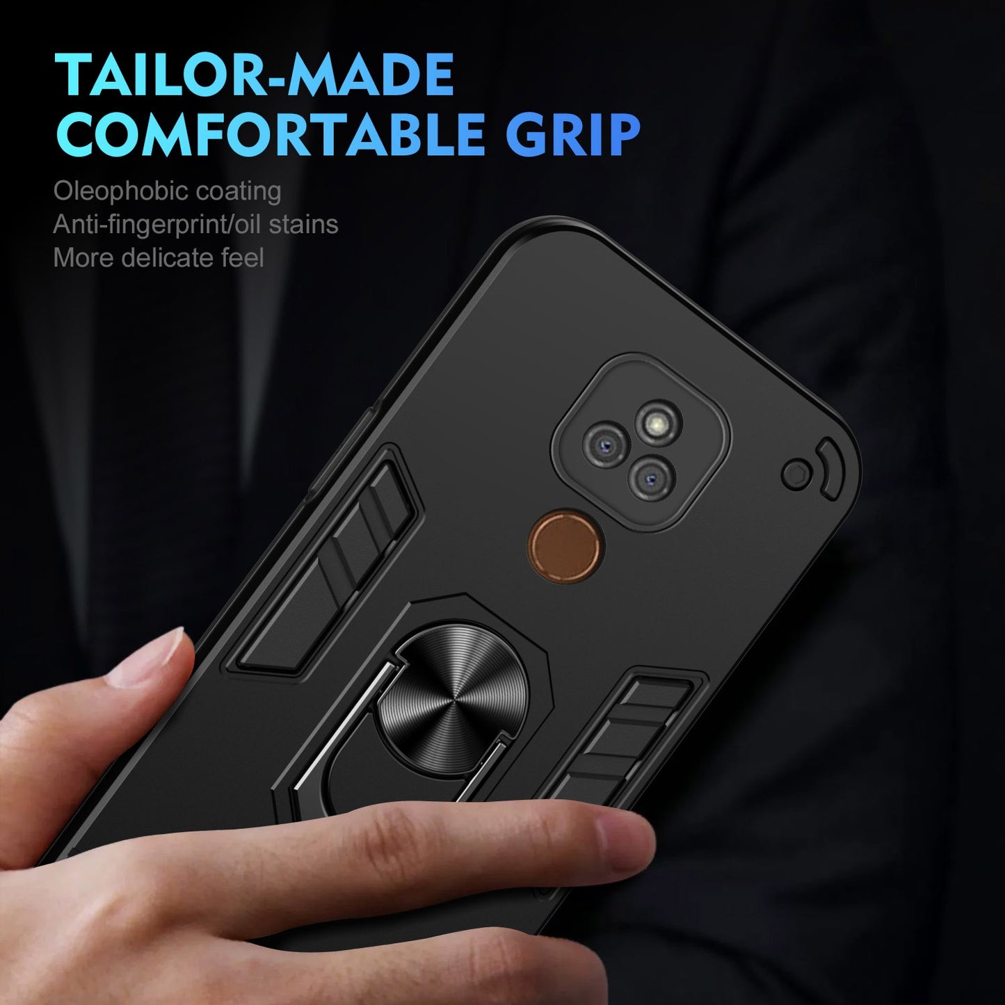 Motorola Moto E7 Plus Shockproof Metal Ring Holder Phone Case with 360 degrees Rotating Kickstand, Ultra Slim Protective Cover, Raised Camera Guard, PC Silicone Armour Shell, Anti-Scratch Back & Edge Protection
