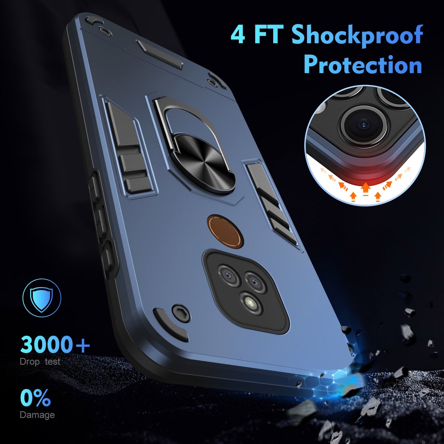 Motorola Moto E7 Plus Shockproof Metal Ring Holder Phone Case with 360 degrees Rotating Kickstand, Ultra Slim Protective Cover, Raised Camera Guard, PC Silicone Armour Shell, Anti-Scratch Back & Edge Protection