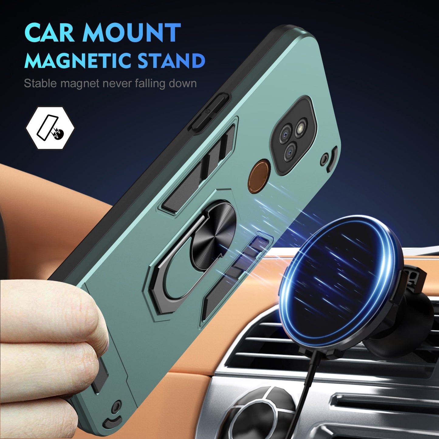 Motorola Moto E7 Plus Shockproof Metal Ring Holder Phone Case with 360 degrees Rotating Kickstand, Ultra Slim Protective Cover, Raised Camera Guard, PC Silicone Armour Shell, Anti-Scratch Back & Edge Protection