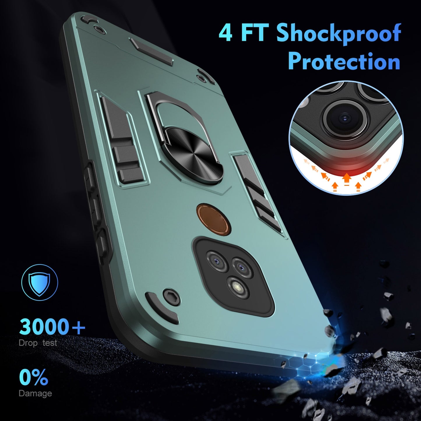 Motorola Moto E7 Plus Shockproof Metal Ring Holder Phone Case with 360 degrees Rotating Kickstand, Ultra Slim Protective Cover, Raised Camera Guard, PC Silicone Armour Shell, Anti-Scratch Back & Edge Protection