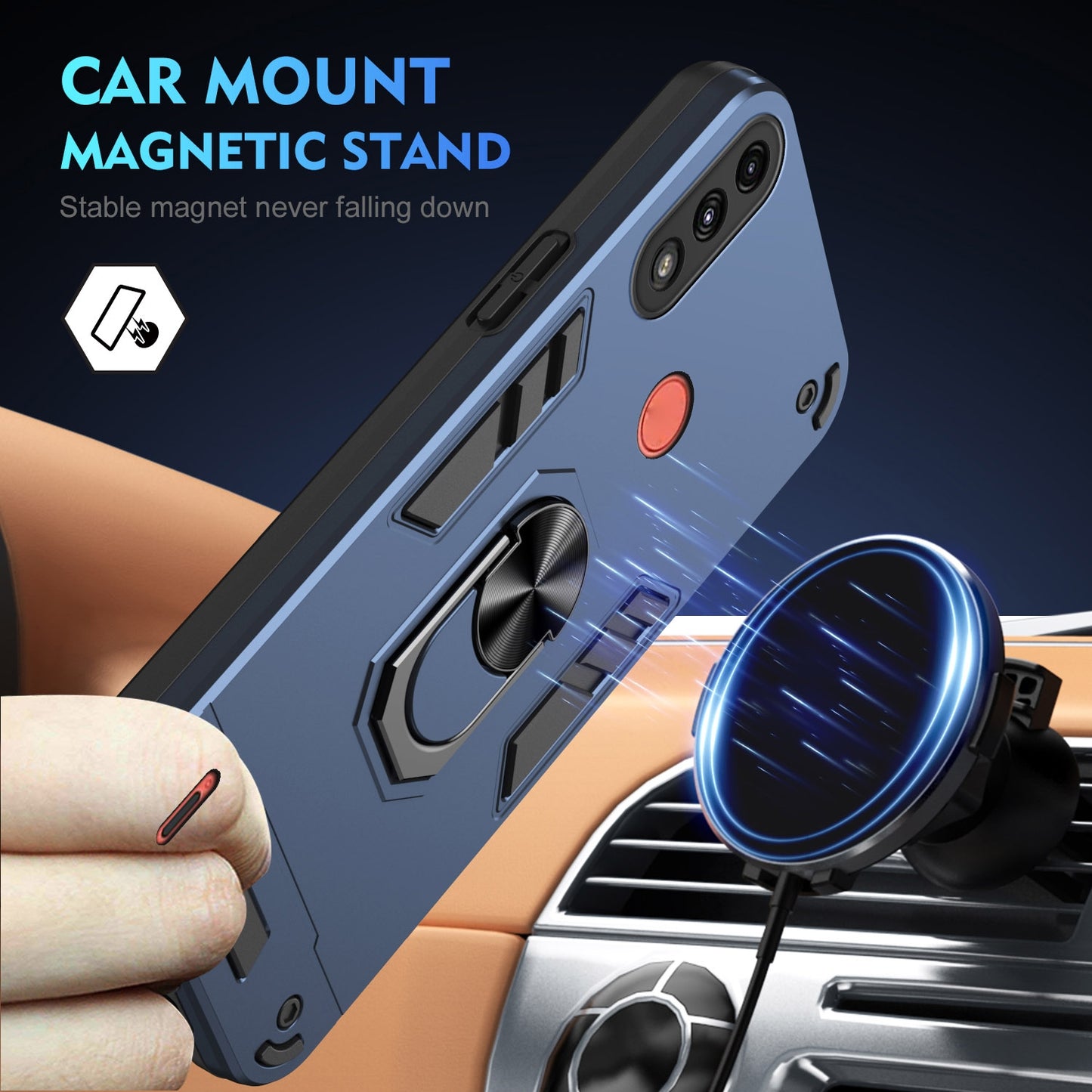 Motorola Moto E7 Power Shockproof Metal Ring Holder Phone Case with 360 degrees Rotating Kickstand, Ultra Slim Protective Cover, Raised Camera Guard, PC Silicone Armour Shell, Anti-Scratch Back & Edge Protection