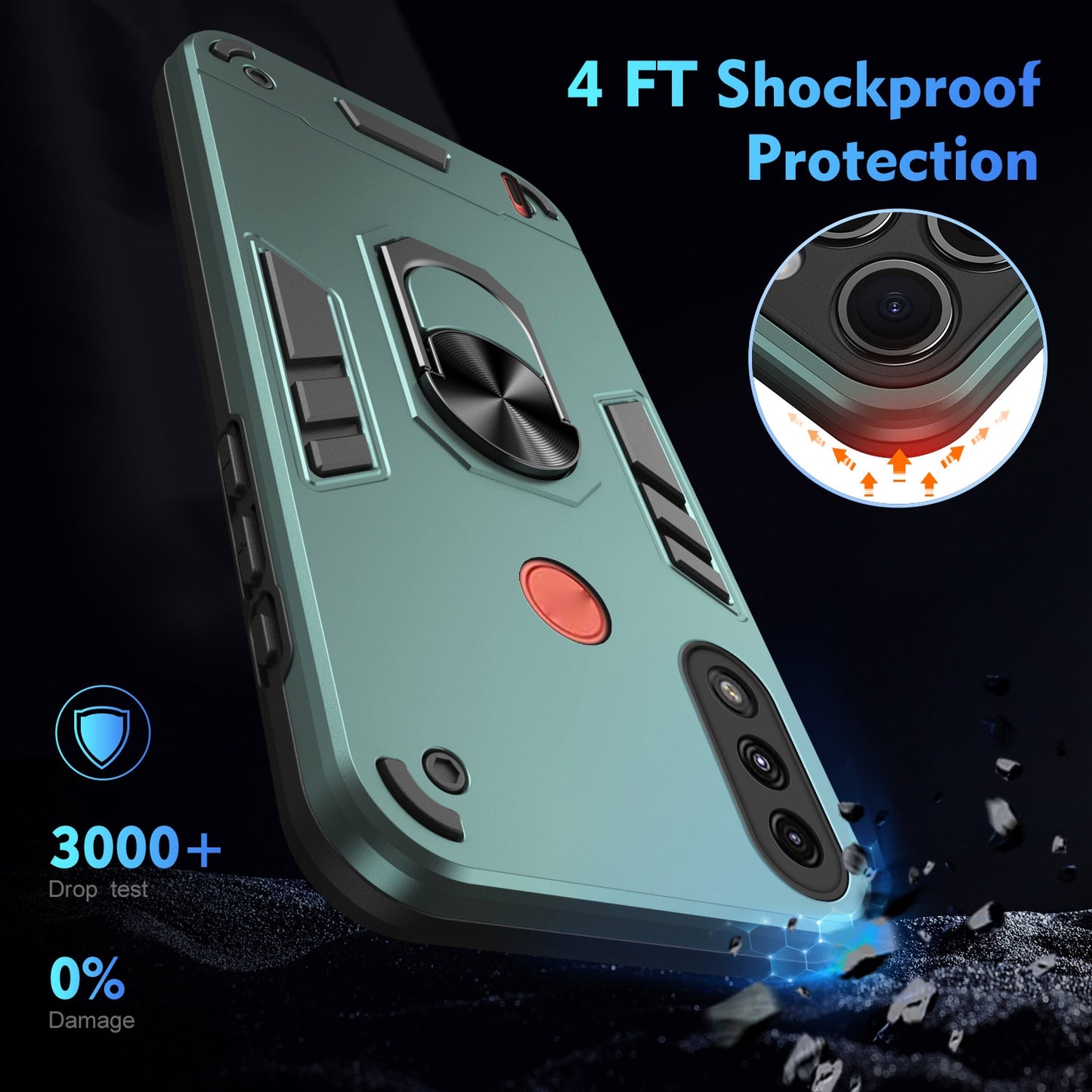 Motorola Moto E7 Power Shockproof Metal Ring Holder Phone Case with 360 degrees Rotating Kickstand, Ultra Slim Protective Cover, Raised Camera Guard, PC Silicone Armour Shell, Anti-Scratch Back & Edge Protection