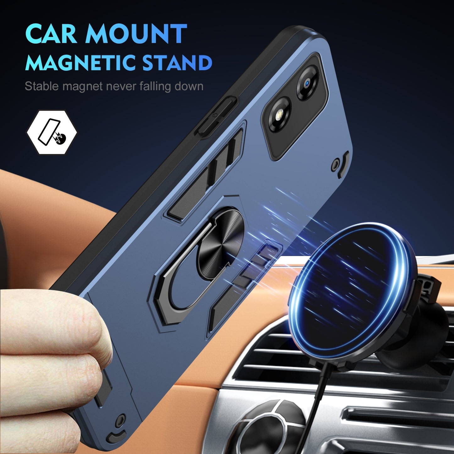 Motorola Moto E13 Shockproof Metal Ring Holder Phone Case with 360 degrees Rotating Kickstand, Ultra Slim Protective Cover, Raised Camera Guard, PC Silicone Armour Shell, Anti-Scratch Back & Edge Protection