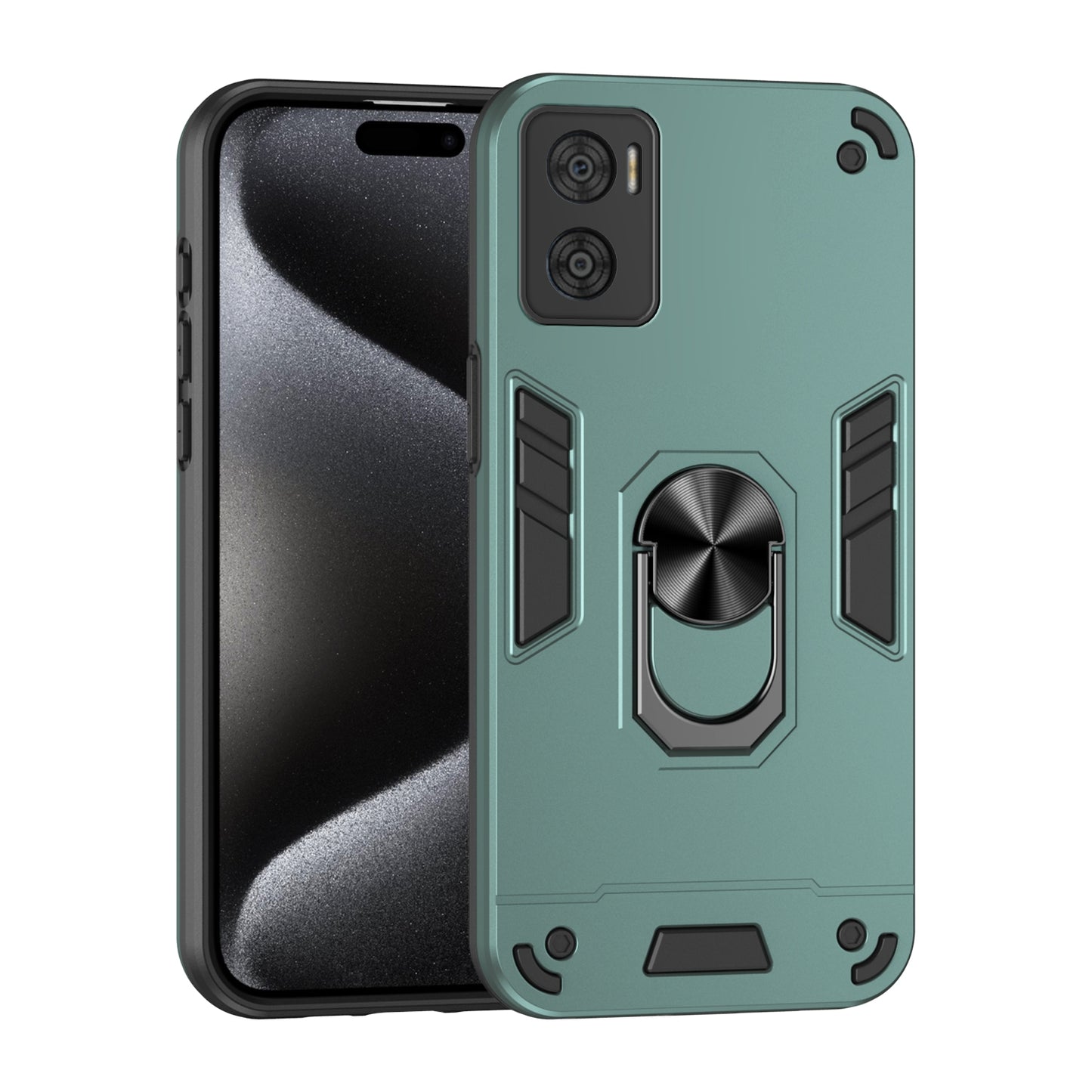 Motorola Moto E22 Shockproof Metal Ring Holder Phone Case with 360 degrees Rotating Kickstand, Ultra Slim Protective Cover, Raised Camera Guard, PC Silicone Armour Shell, Anti-Scratch Back & Edge Protection