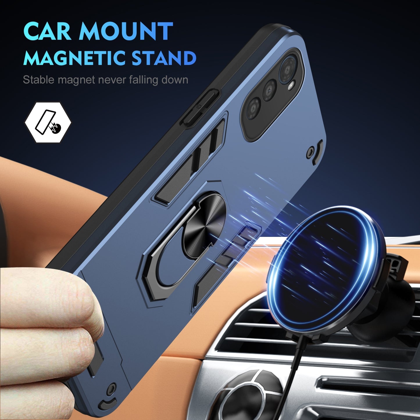 Motorola Moto E32 Shockproof Metal Ring Holder Phone Case with 360 degrees Rotating Kickstand, Ultra Slim Protective Cover, Raised Camera Guard, PC Silicone Armour Shell, Anti-Scratch Back & Edge Protection
