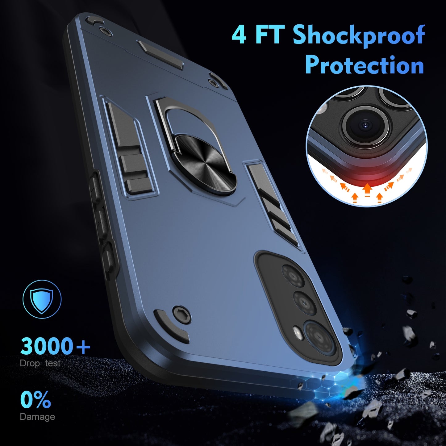 Motorola Moto E32 Shockproof Metal Ring Holder Phone Case with 360 degrees Rotating Kickstand, Ultra Slim Protective Cover, Raised Camera Guard, PC Silicone Armour Shell, Anti-Scratch Back & Edge Protection
