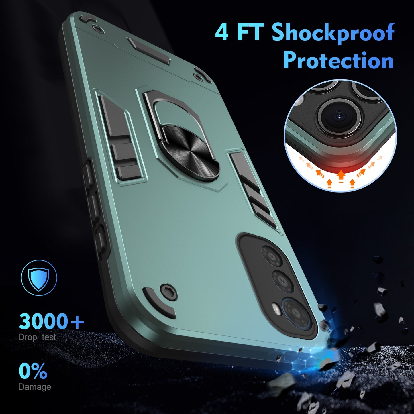 Motorola Moto E32 Shockproof Metal Ring Holder Phone Case with 360 degrees Rotating Kickstand, Ultra Slim Protective Cover, Raised Camera Guard, PC Silicone Armour Shell, Anti-Scratch Back & Edge Protection