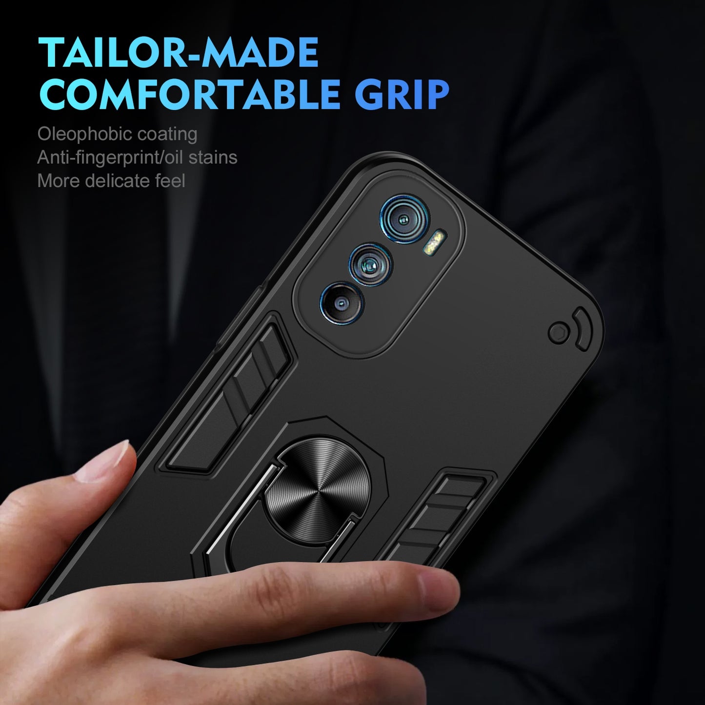 Motorola Edge 30 Shockproof Metal Ring Holder Phone Case with 360 degrees Rotating Kickstand, Ultra Slim Protective Cover, Raised Camera Guard, PC Silicone Armour Shell, Anti-Scratch Back & Edge Protection