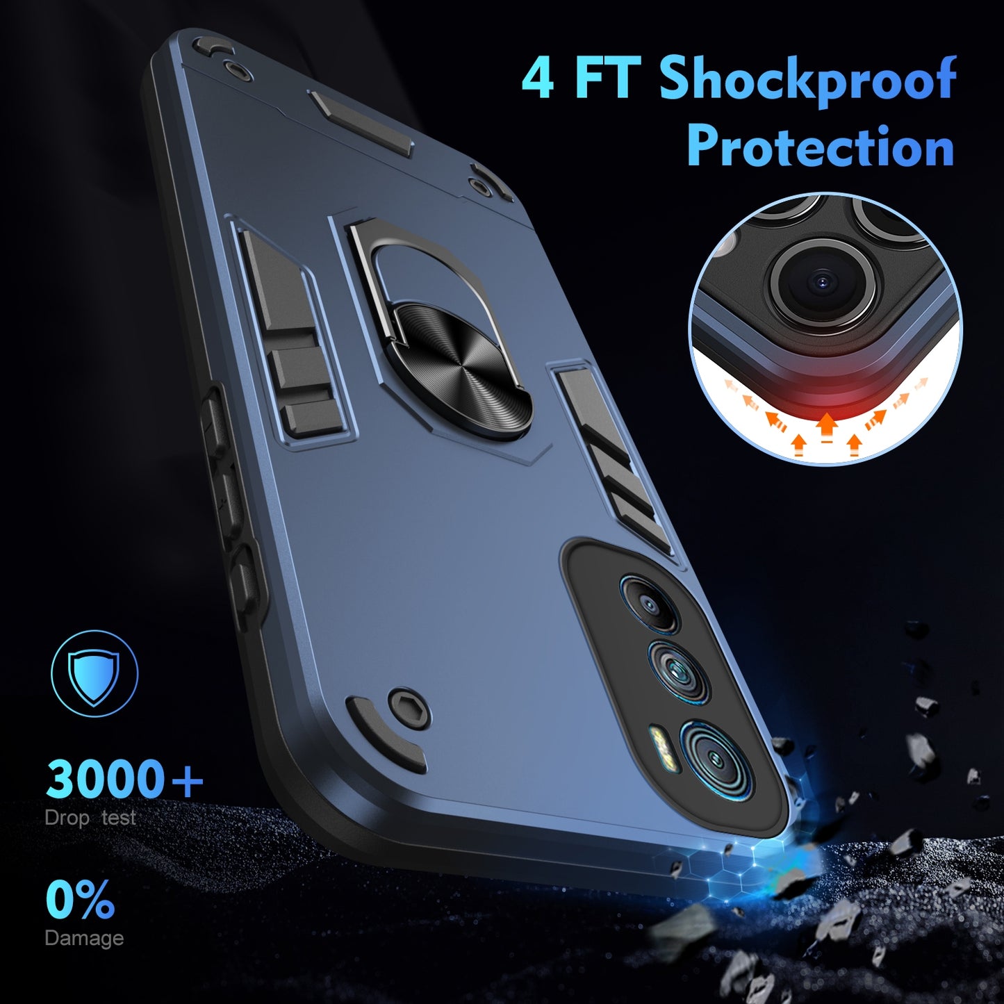 Motorola Edge 30 Shockproof Metal Ring Holder Phone Case with 360 degrees Rotating Kickstand, Ultra Slim Protective Cover, Raised Camera Guard, PC Silicone Armour Shell, Anti-Scratch Back & Edge Protection