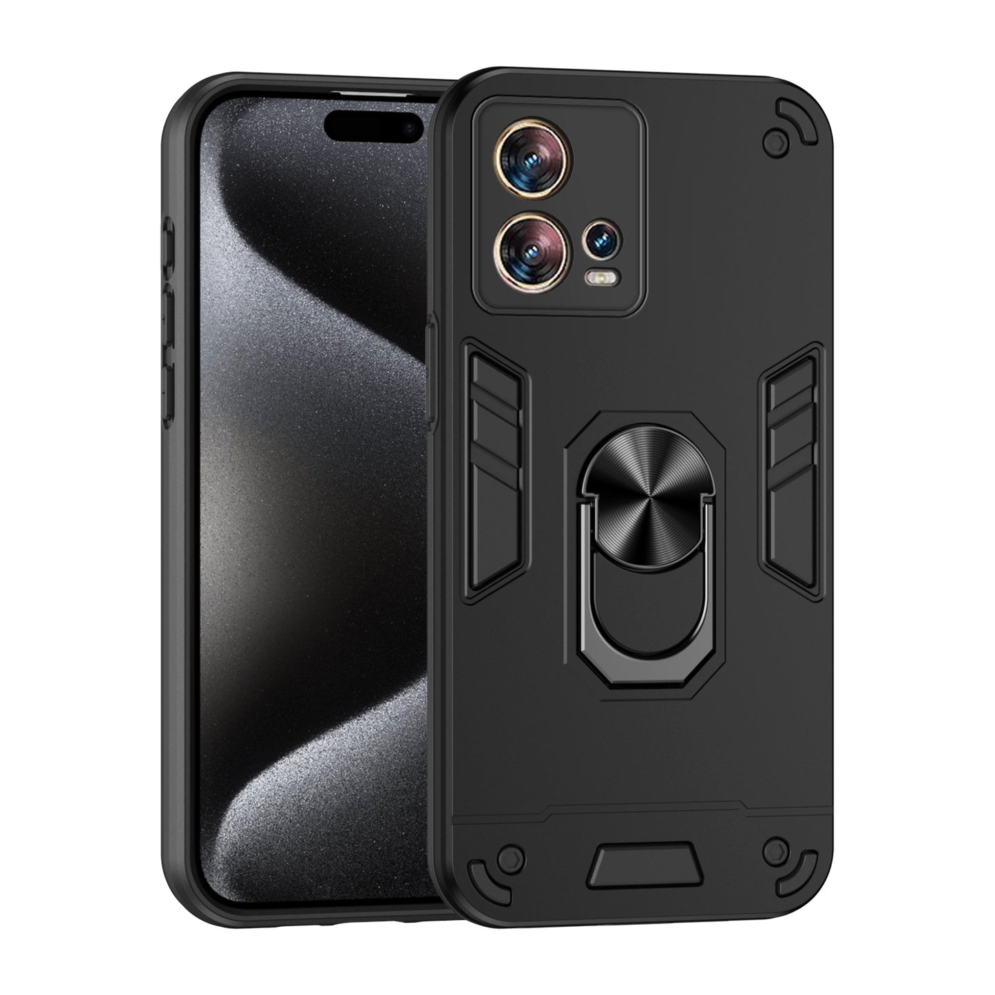 Motorola Edge 30 Fusion Shockproof Metal Ring Holder Phone Case with 360 degrees Rotating Kickstand, Ultra Slim Protective Cover, Raised Camera Guard, PC Silicone Armour Shell, Anti-Scratch Back & Edge Protection