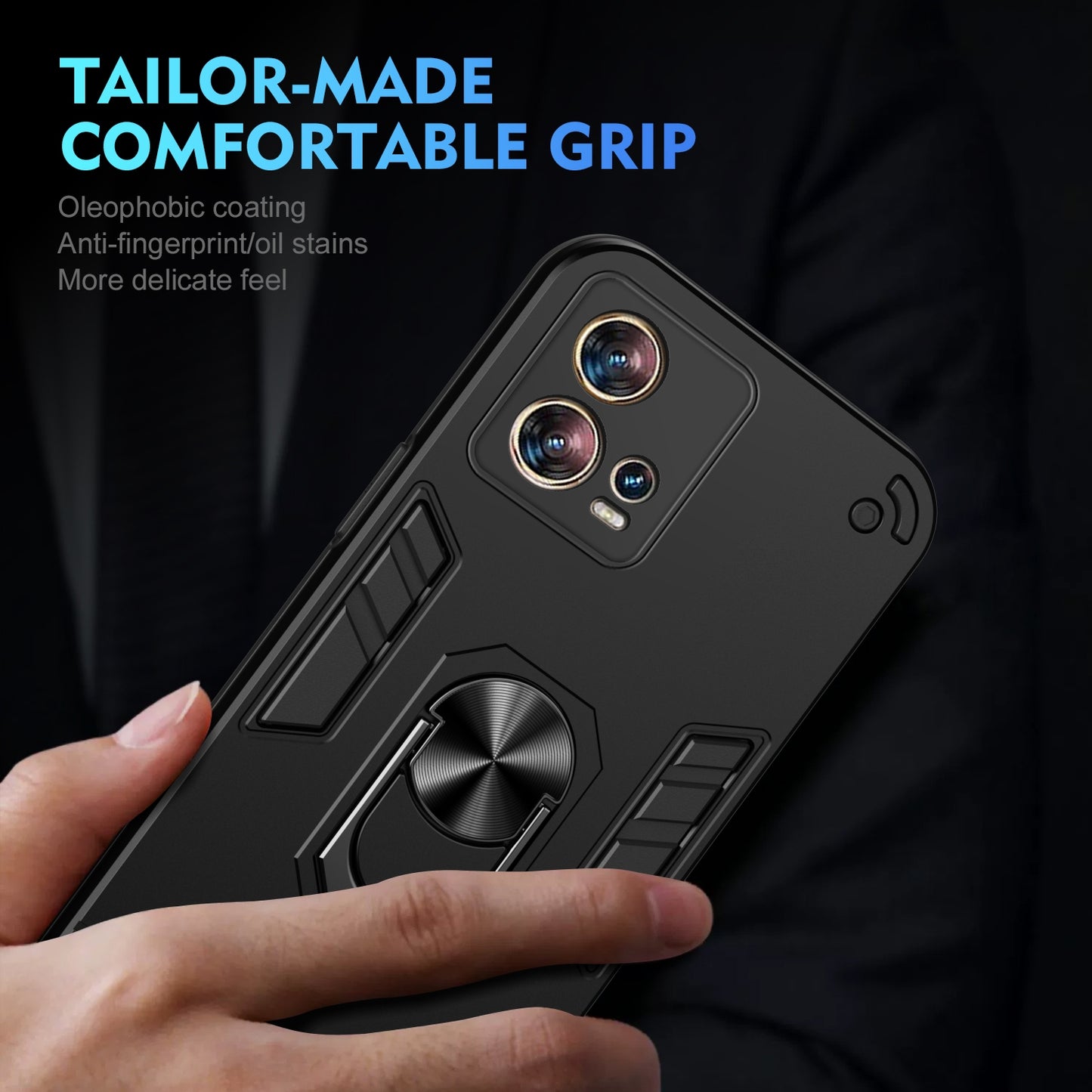 Motorola Edge 30 Fusion Shockproof Metal Ring Holder Phone Case with 360 degrees Rotating Kickstand, Ultra Slim Protective Cover, Raised Camera Guard, PC Silicone Armour Shell, Anti-Scratch Back & Edge Protection