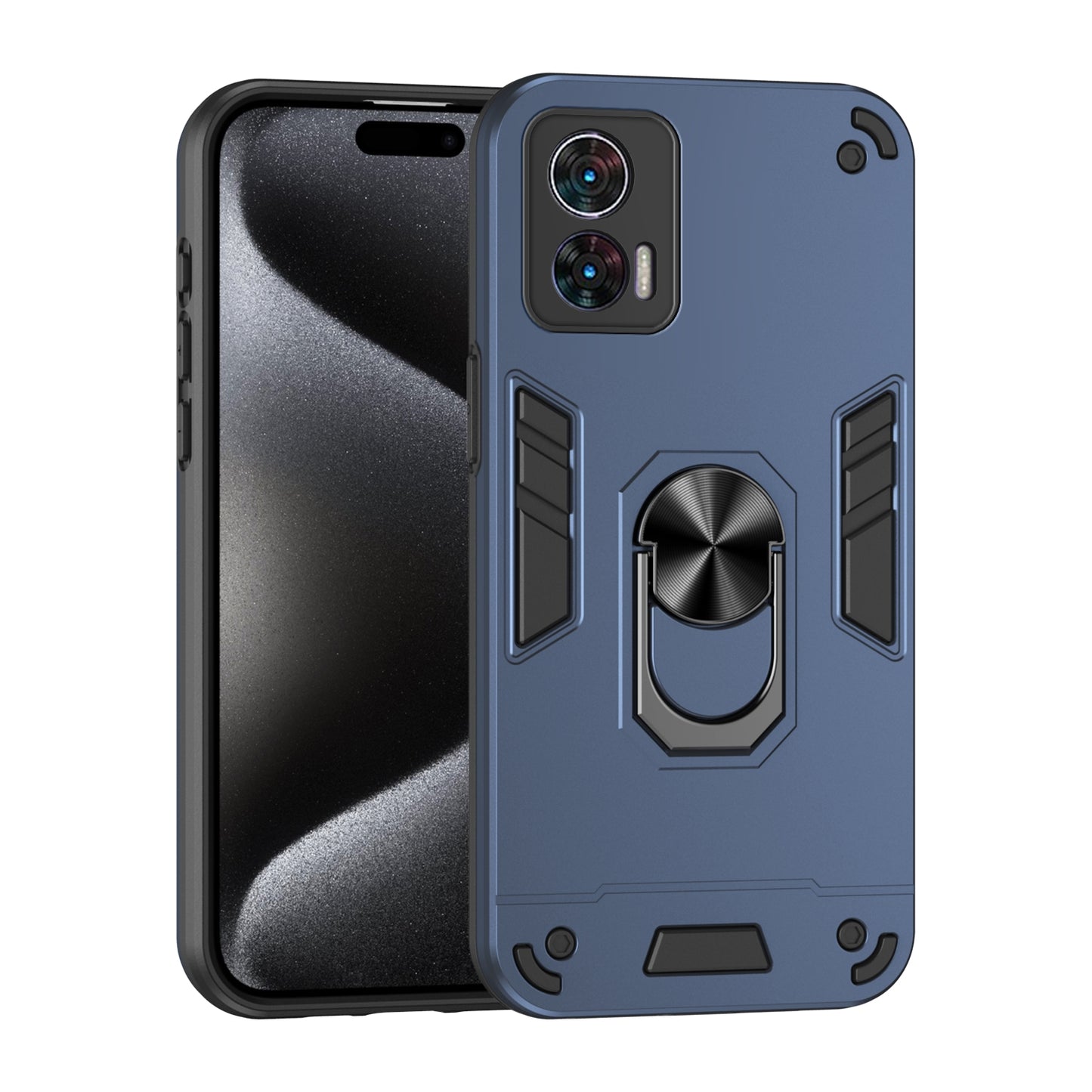 Motorola Edge 30 Neo Shockproof Metal Ring Holder Phone Case with 360 degrees Rotating Kickstand, Ultra Slim Protective Cover, Raised Camera Guard, PC Silicone Armour Shell, Anti-Scratch Back & Edge Protection