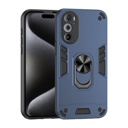 Motorola Edge 30 Pro Shockproof Metal Ring Holder Phone Case with 360 degrees Rotating Kickstand, Ultra Slim Protective Cover, Raised Camera Guard, PC Silicone Armour Shell, Anti-Scratch Back & Edge Protection