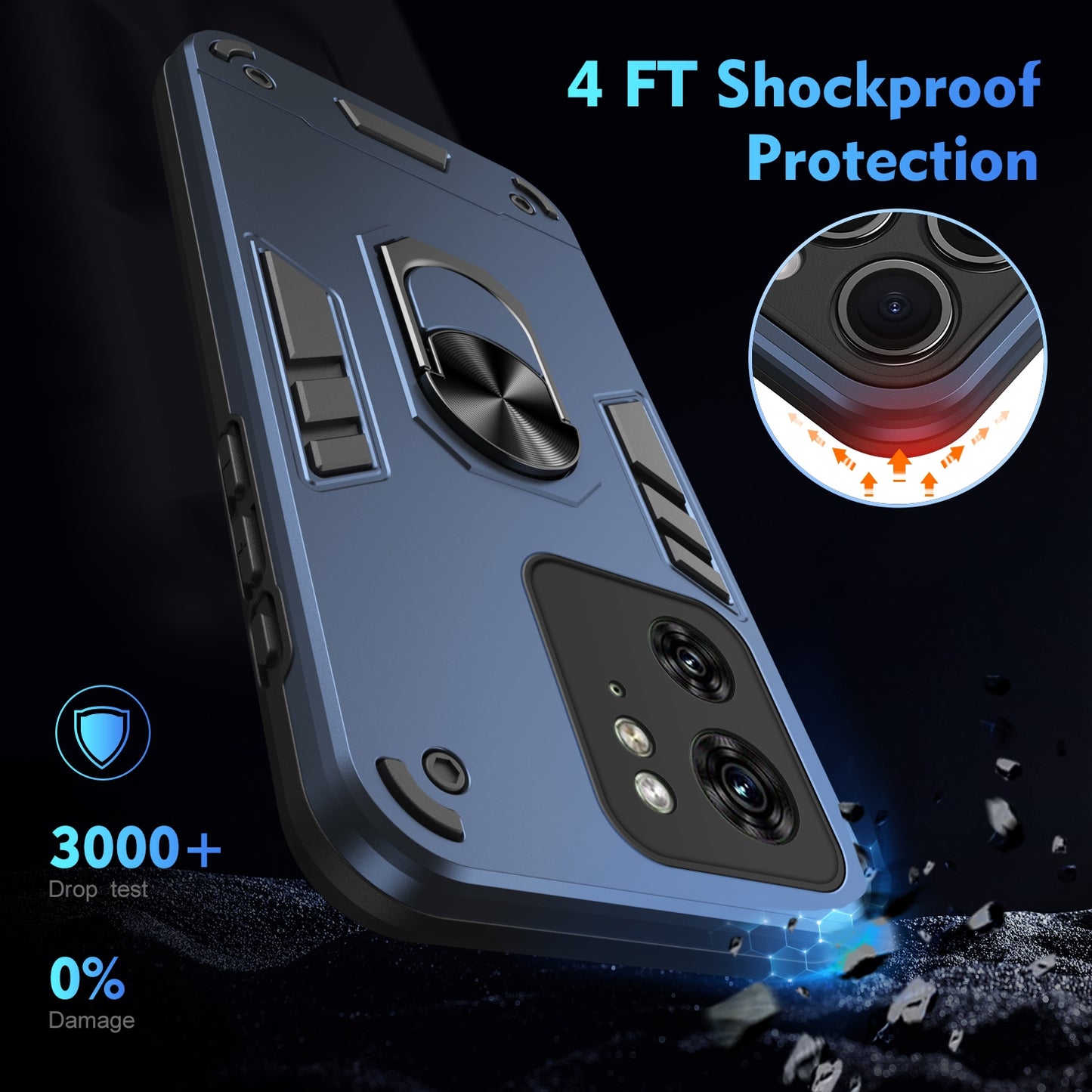 Motorola Edge 40 Shockproof Metal Ring Holder Phone Case with 360 degrees Rotating Kickstand, Ultra Slim Protective Cover, Raised Camera Guard, PC Silicone Armour Shell, Anti-Scratch Back & Edge Protection